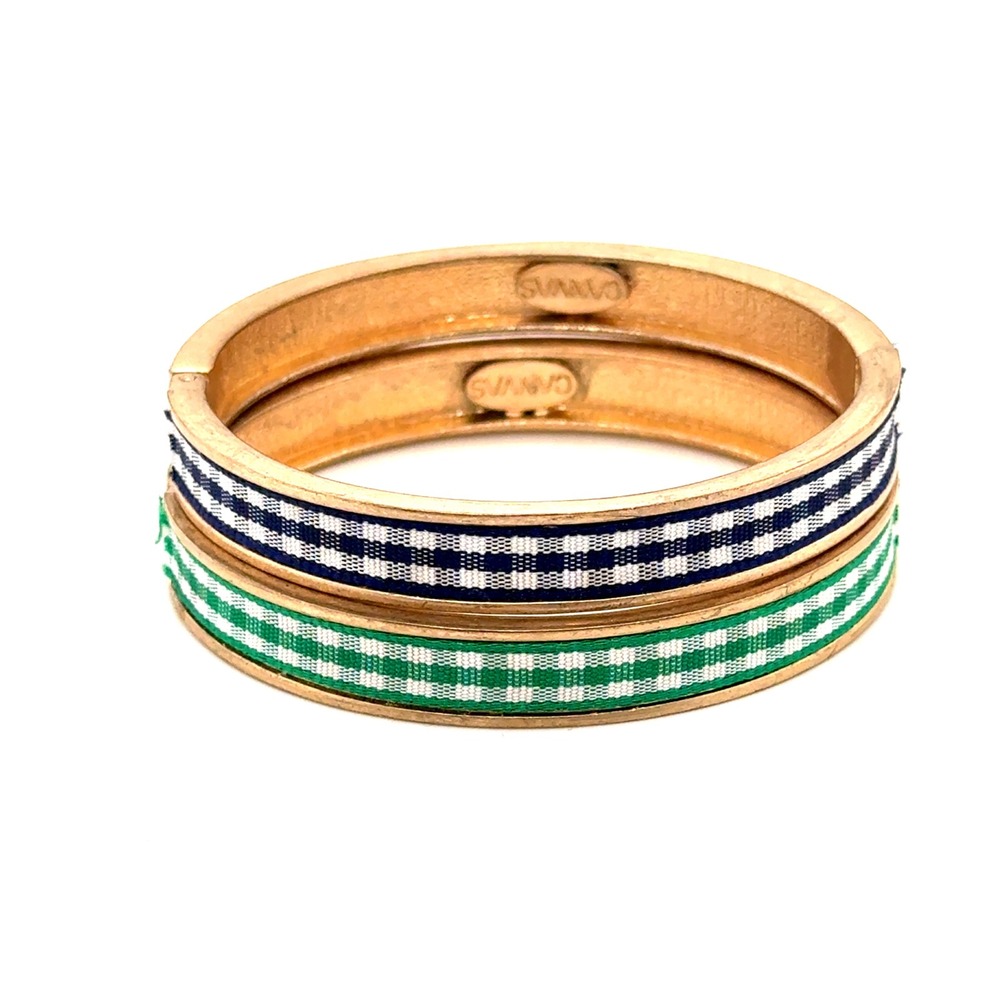 Canvas Jewelry Gingham Bangle Bracelet Set Gold Tone Navy Blue Green Preppy